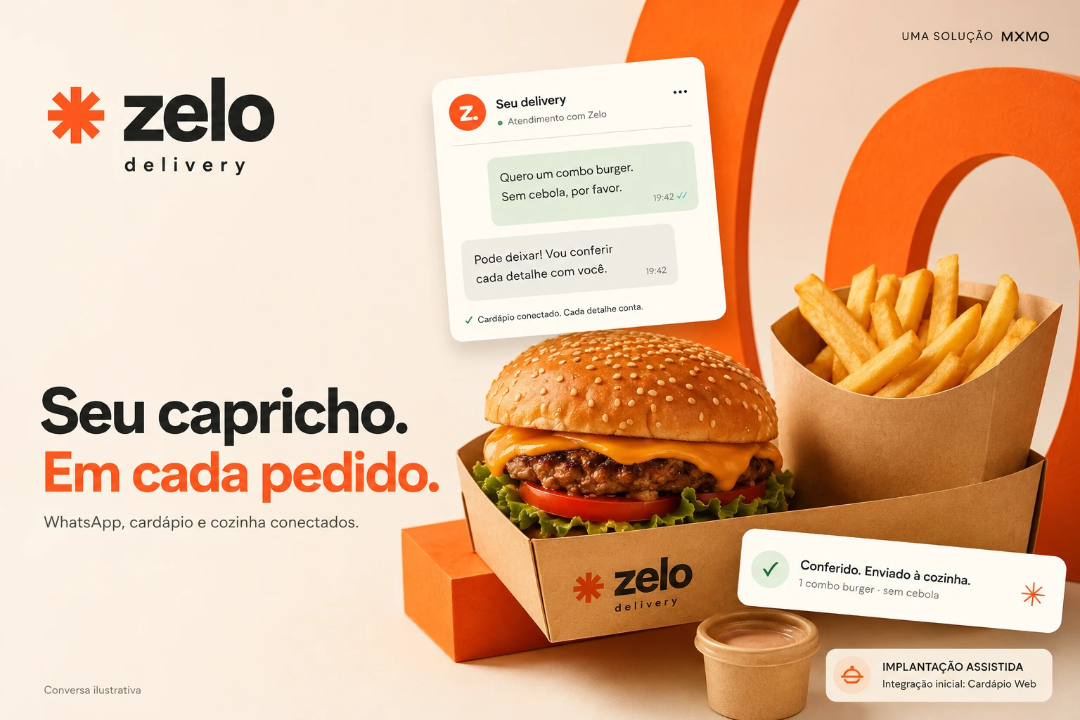 Illustrative Zelo Delivery presentation in orange and cream: burger meal, conversation and checked order. Initial integration with Cardápio Web.
